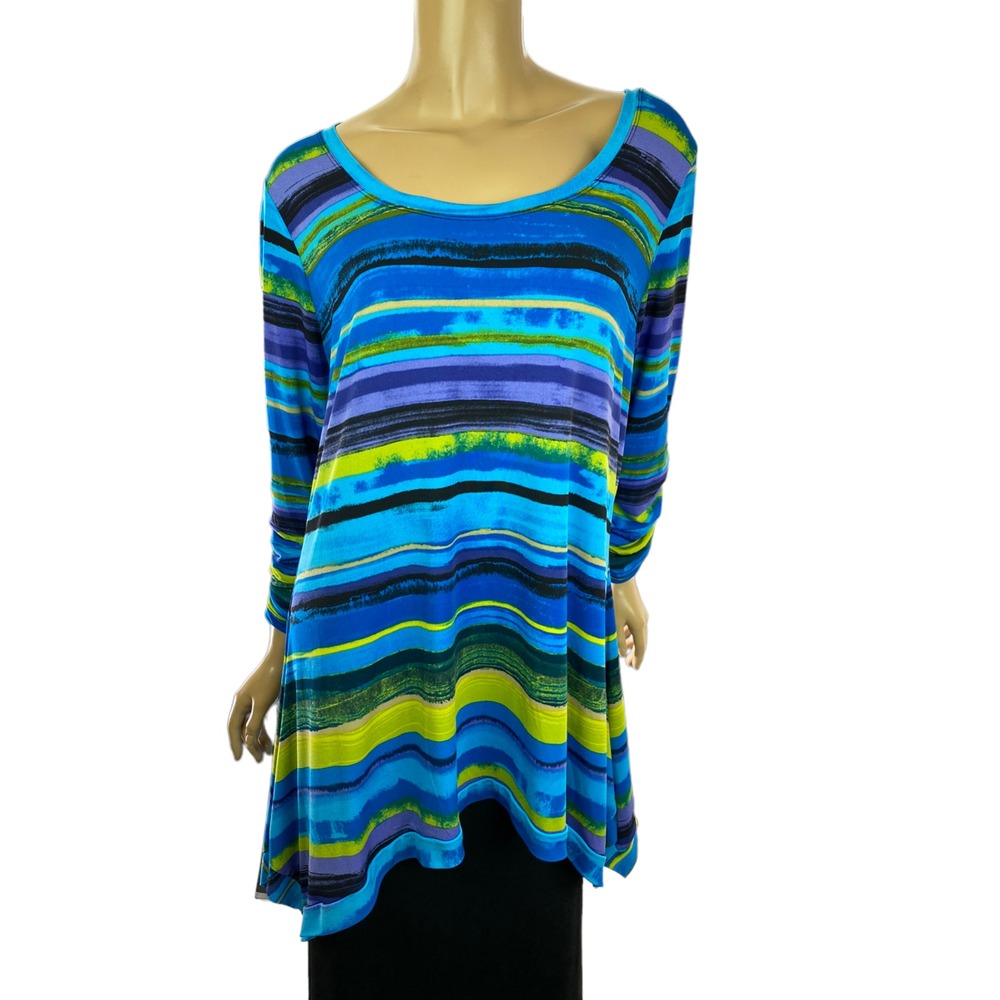 Premise Top 1X Scoop Neck Blue,Purple,Black Brown Stripe Asymmetric Hem 3/4 Sl